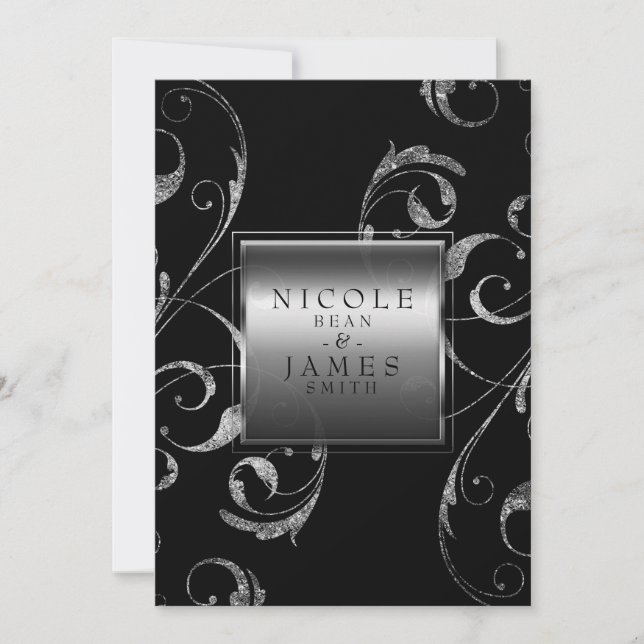 Invitation Black & Faux Silver Glass Floral Swirl Élégant (Devant)