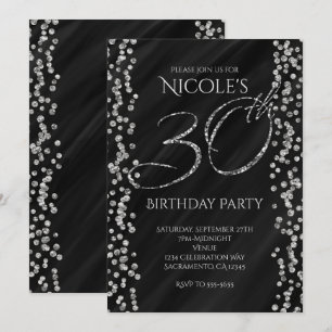 Invitation Black & Faux Silver Parties scintillant Glam 30 30
