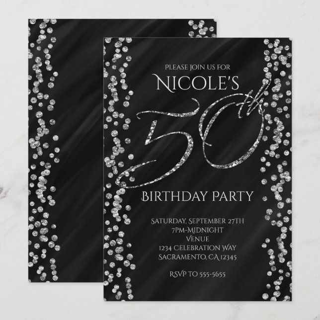 Invitation Black & Faux Silver Parties scintillant Glam 50 50 (Devant / Derrière)
