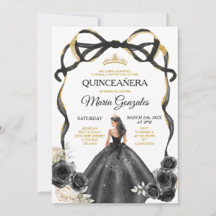 Invitation Black Floral Bow Princess Gold Crown Quinceañera