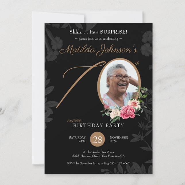 Invitation Black Floral Custom Photo Surprise 70e anniversair (Devant)