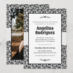 Invitation Black Floral Damask Photo Graduation