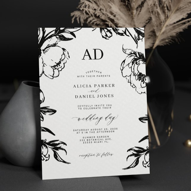 Invitation Black floral elegant wedding (Créateur téléchargé)