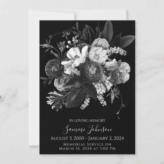 Invitation Black Floral Funeral Memorial Annonce (Devant)