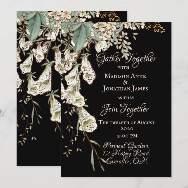 Invitation Black Floral Garland Script Mariage élégant (Devant / Derrière)