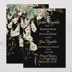 Invitation Black Floral Garland Script Mariage élégant