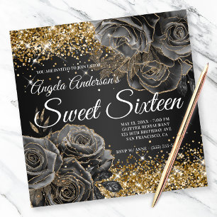 Invitation Black Floral Glam Parties scintillant or Sweet six