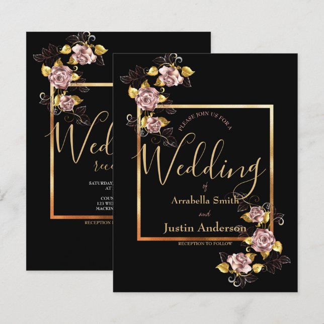 Invitation Black Floral Gold Script Mariage élégant (Devant / Derrière)