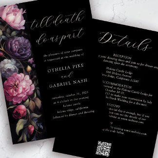 Invitation Black Floral gothique tout en un QR Code Mariage