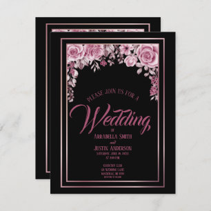 Invitation Black Floral Rose Gold Script Mariage élégant