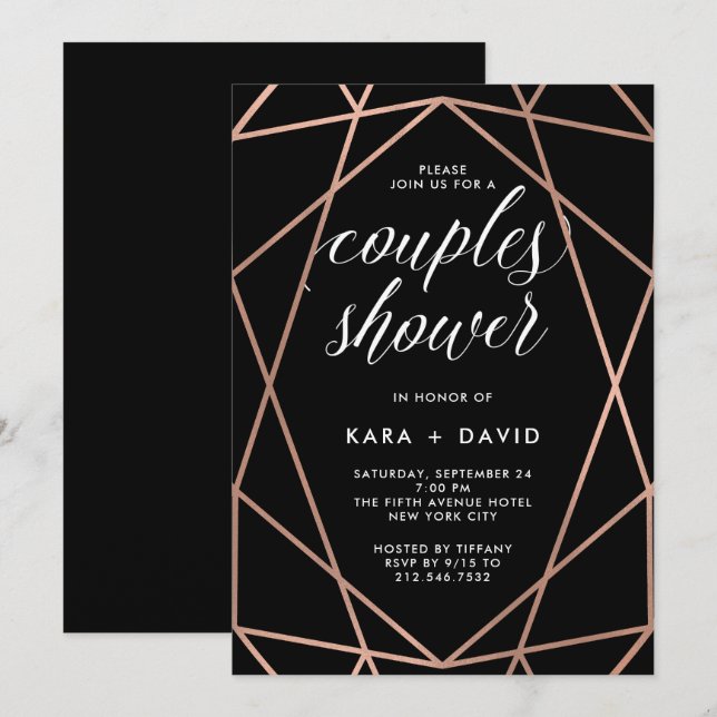 Invitation Black Geometrique Faux Rose Gold Couples Douche (Devant / Derrière)