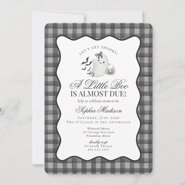 Invitation Black Gingham Preppy Ghost Little Boo Baby Shower (Devant)