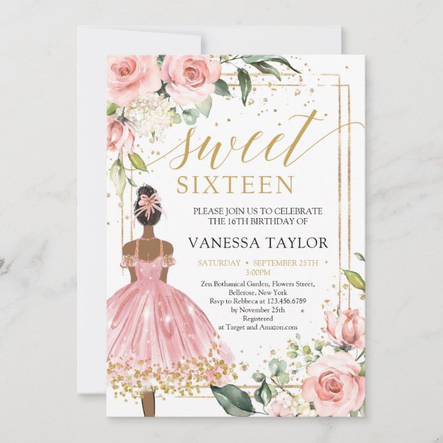 Invitation Black Girl Princess robe rose rose blush or floral (Devant)