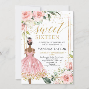Invitation Black Girl Princess robe rose rose blush or floral