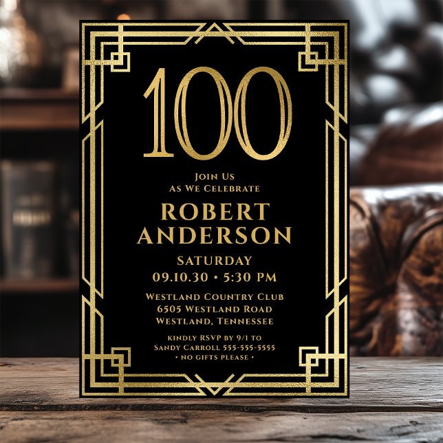 Invitation Black Gold 100th Birthday Photo (Créateur téléchargé)