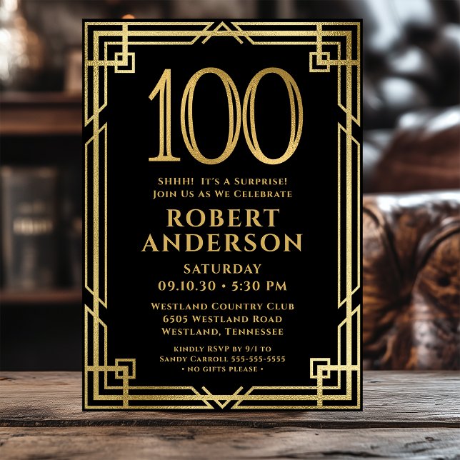 Invitation Black Gold 100th Birthday Photo Surprise Party (Créateur téléchargé)