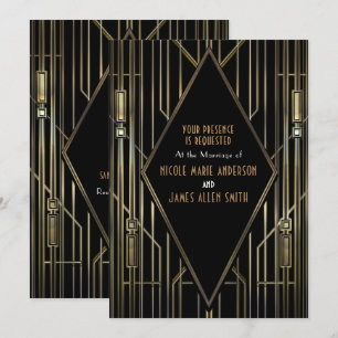 Invitation Black & Gold 20's Art Déco Gatsby Glam Mariage