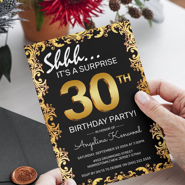 Invitation Black & Gold 30th Surprise Birthday Party (Créateur téléchargé)
