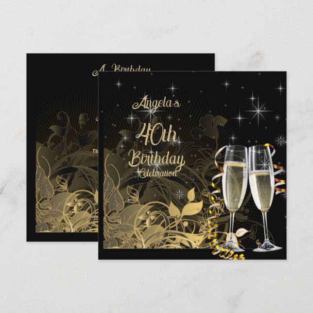Invitation Black & Gold 40e Anniversaire Champagne Glasses (Devant / Derrière)