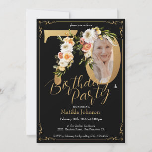 Invitation Black Gold 70e anniversaire Floral Boho Photo pers