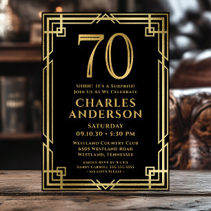 Invitation Black Gold 70th Birthday Photo Surprise Party
