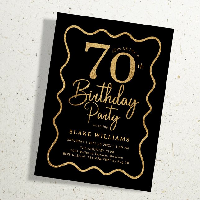 Invitation Black Gold 70th Birthday Wavy Border (Créateur téléchargé)