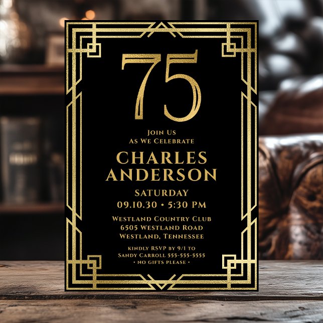 Invitation Black Gold 75th Birthday Photo (Créateur téléchargé)