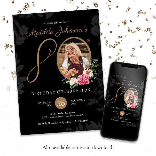 Invitation Black Gold 80th Birthday Party (80th Birthday Black Gold Floral Custom Photo Invitation)