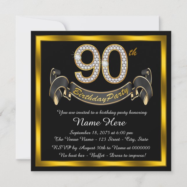 Invitation Black Gold 90th Birthday Party (Devant)