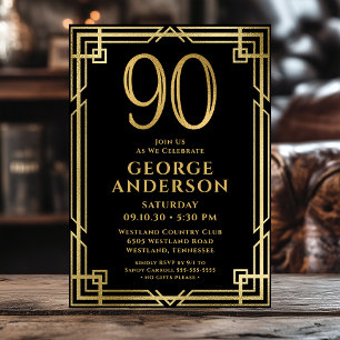 Invitation Black Gold 90th Birthday Photo