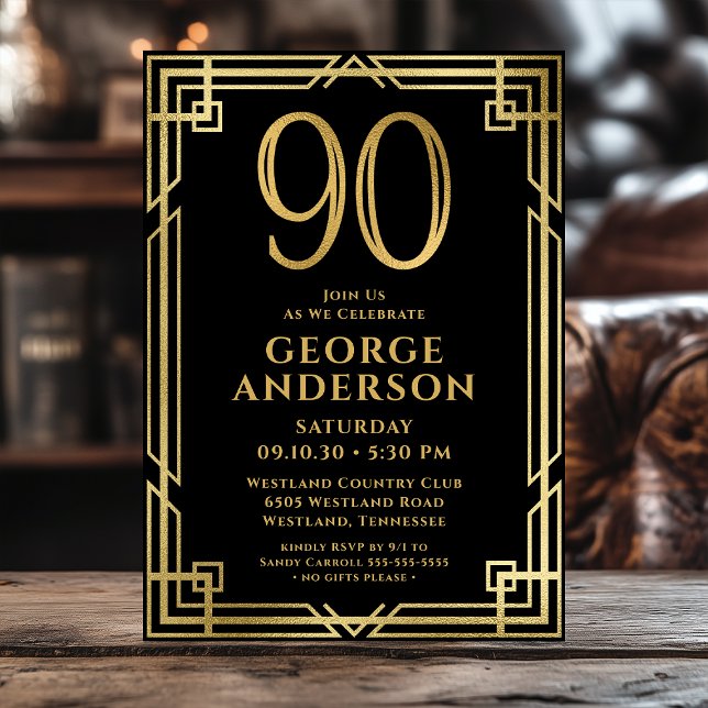 Invitation Black Gold 90th Birthday Photo (Créateur téléchargé)