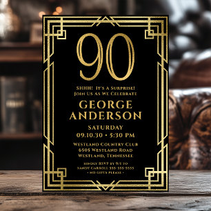 Invitation Black Gold 90th Birthday Photo Surprise Party