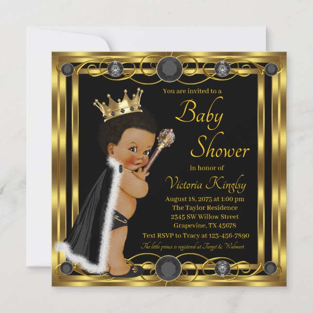 Invitation Black Gold Afro Prince Jewel Baby shower (Devant)