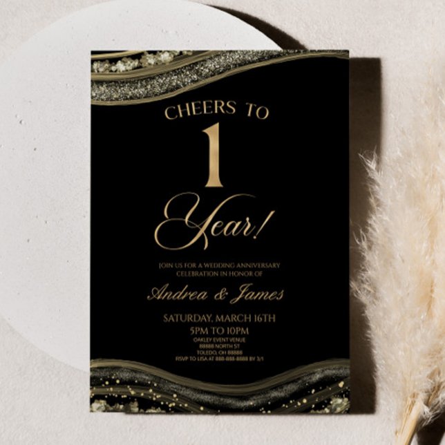 Invitation Black Gold Agate 1er anniversaire Mariage (Créateur téléchargé)