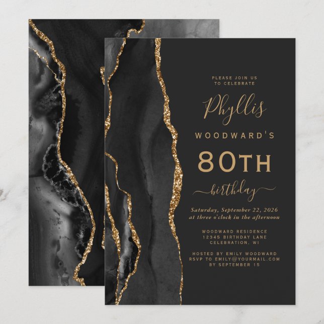 Invitation Black Gold Agate Dark 80th Birthday Party (Devant / Derrière)