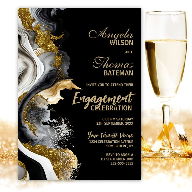 Invitation Black Gold Agate Marble Partie d'engagement (Créateur téléchargé)