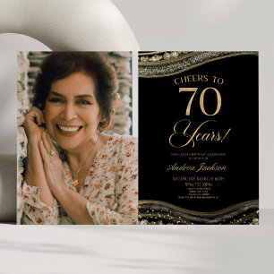 Invitation Black Gold Agate Photo 70e fête d'anniversaire