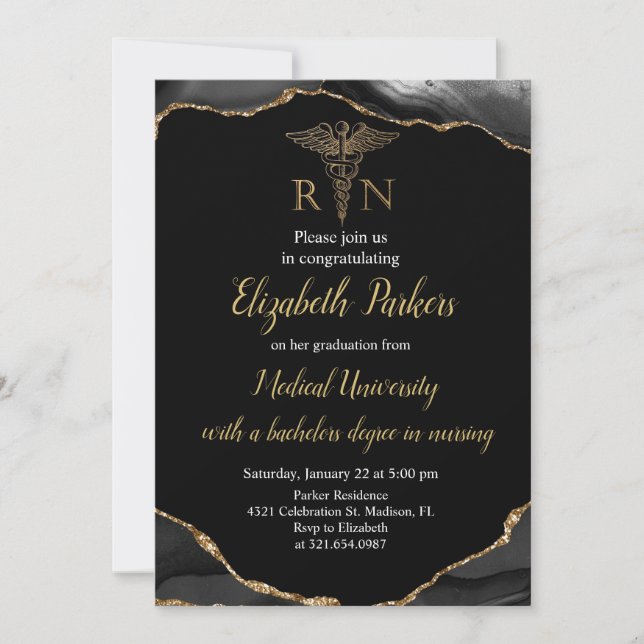 Invitation Black & Gold Agate Soins infirmiers fête de gradua (Devant)