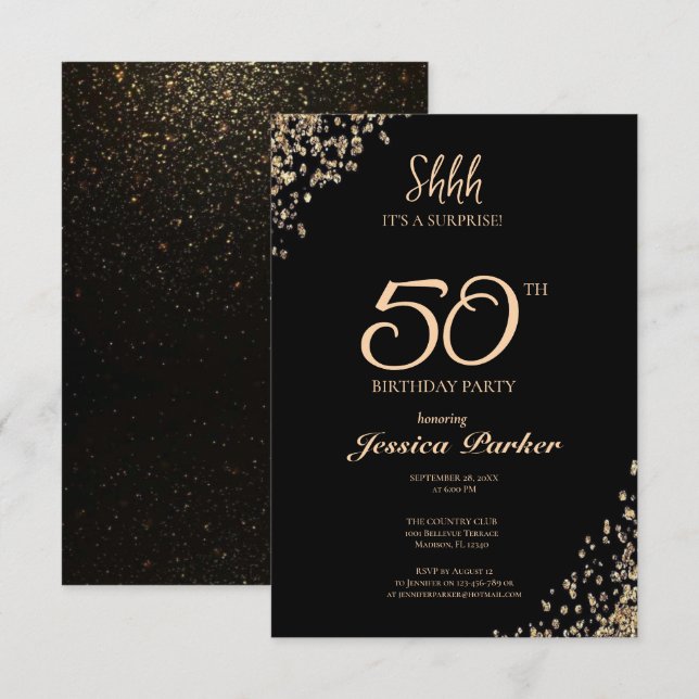 Invitation Black Gold Agate Surprise 50e anniversaire (Devant / Derrière)