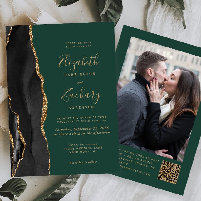 Invitation Black Gold Agate Vert Photo QR Code Mariage (Créateur téléchargé)