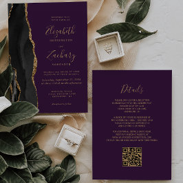 Invitation Black Gold Agate violet QR Code Mariage