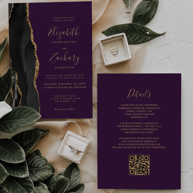 Invitation Black Gold Agate violet QR Code Mariage (Créateur téléchargé)
