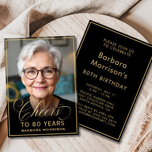 Invitation Black & Gold Anniversaire de la joie à 80 ans Phot
