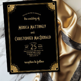 Invitation Black Gold Art Déco Simple Vintage Floral Mariage