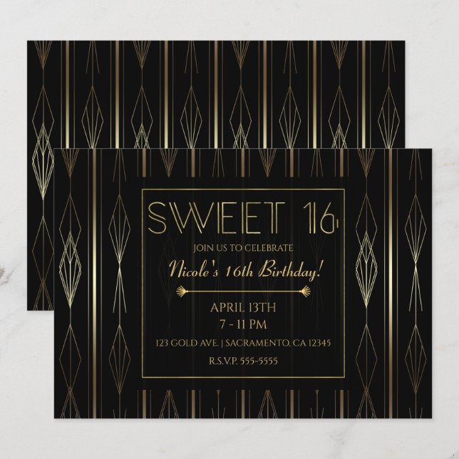 Invitation Black & Gold Art Deco Sweet 16 Anniversaire (Devant / Derrière)