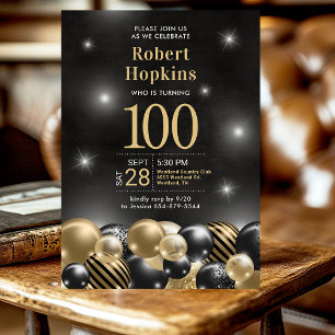 Invitation Black Gold Balloons Photo 100th Birthday Party