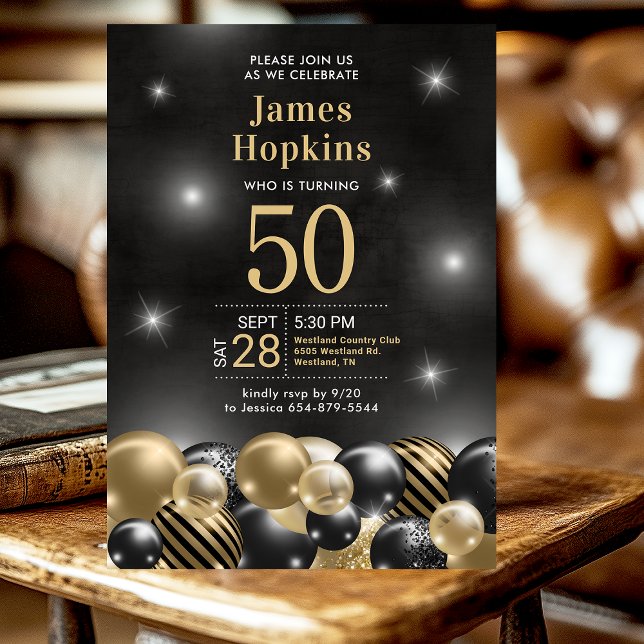 Invitation Black Gold Balloons Photo 50th Birthday Party (Créateur téléchargé)