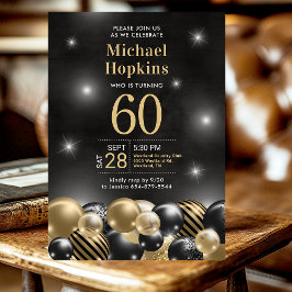 Invitation Black Gold Balloons Photo 60th Birthday Party