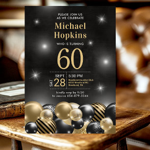 Invitation Black Gold Balloons Photo 60th Birthday Party