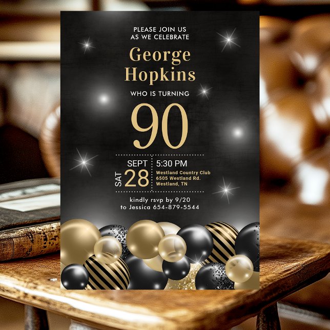 Invitation Black Gold Balloons Photo 90th Birthday Party (Créateur téléchargé)